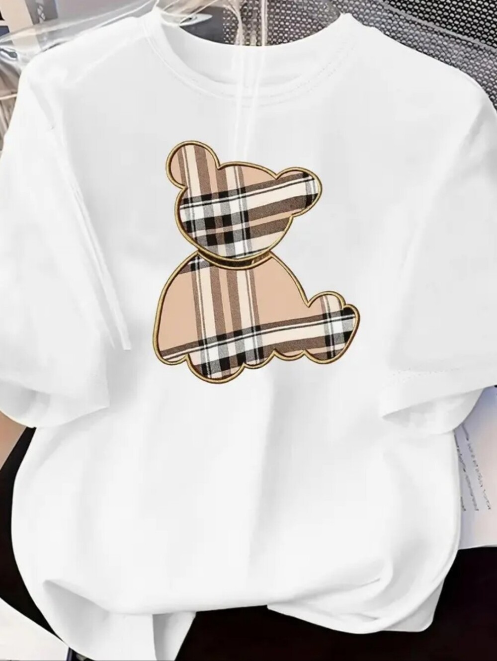 White Short Sleeve Tee with Beige Plaid Bear Graphic